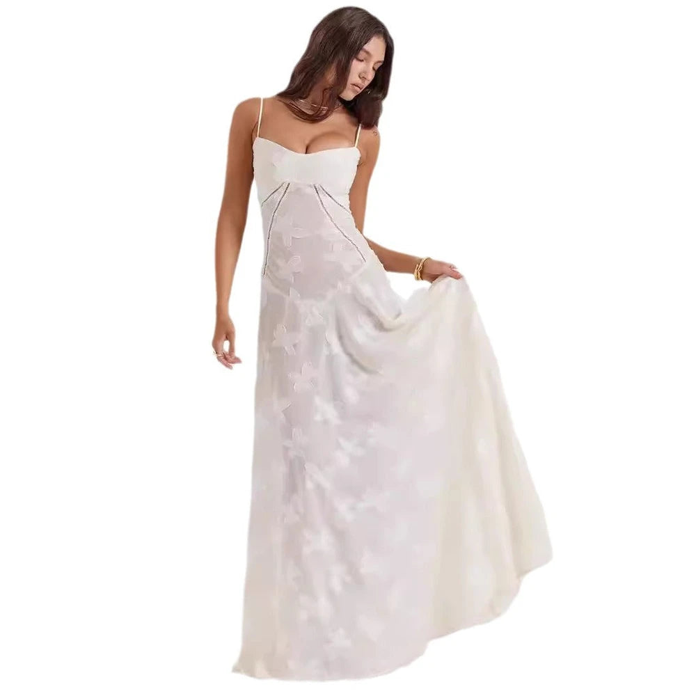 Vestido largo de tirantes con encaje francés para mujer