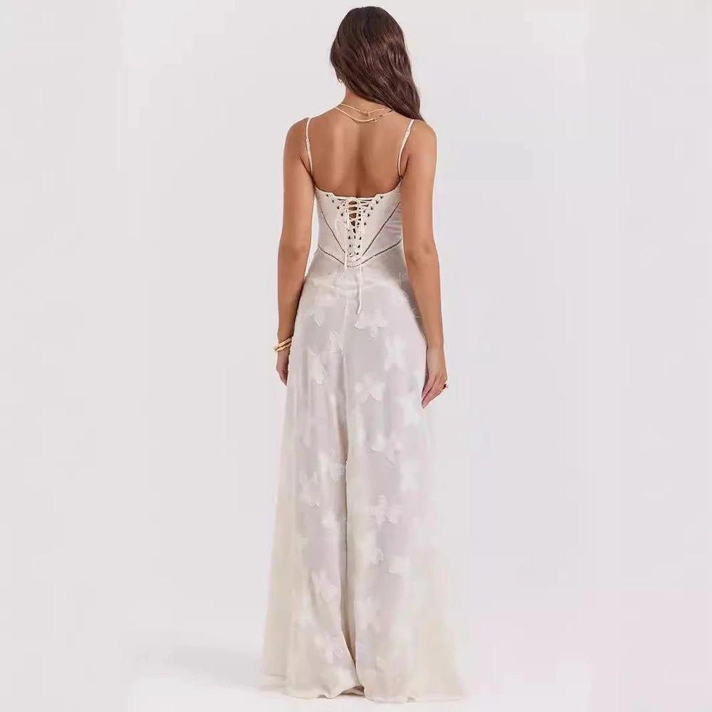 Vestido largo de tirantes con encaje francés para mujer
