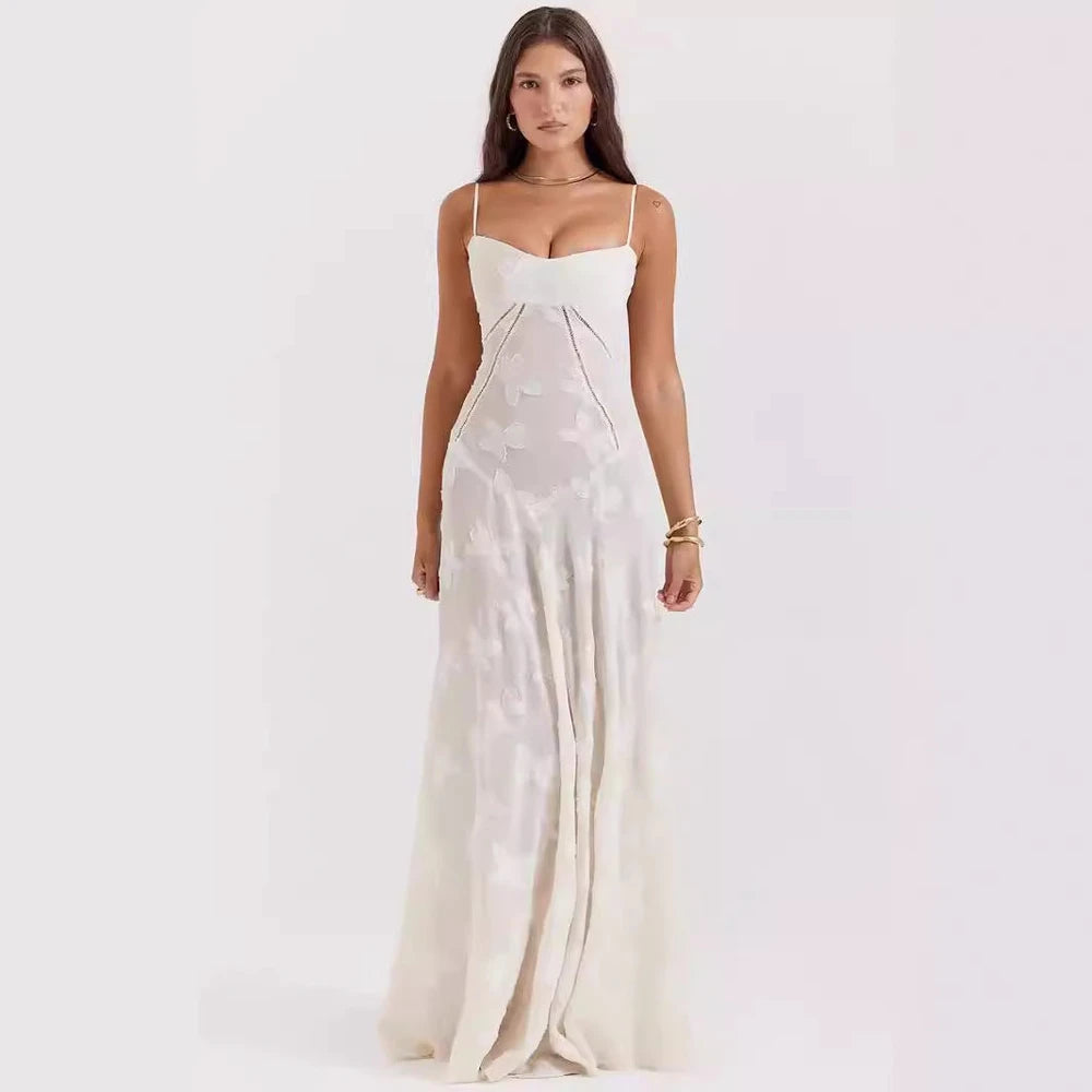 Vestido largo de tirantes con encaje francés para mujer